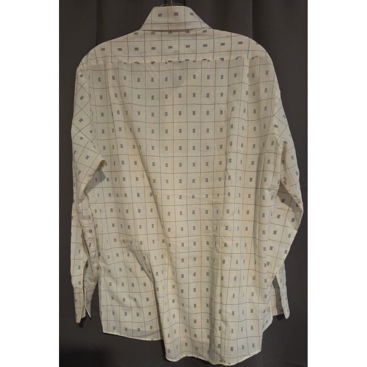 Montgomery Ward Vintage Grid Print Button Down Shirt, Cream Navy, Men's L/S - Thumbnail 4