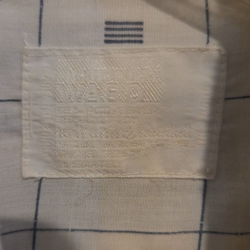 Montgomery Ward Vintage Grid Print Button Down Shirt, Cream Navy, Men's L/S - Thumbnail 5
