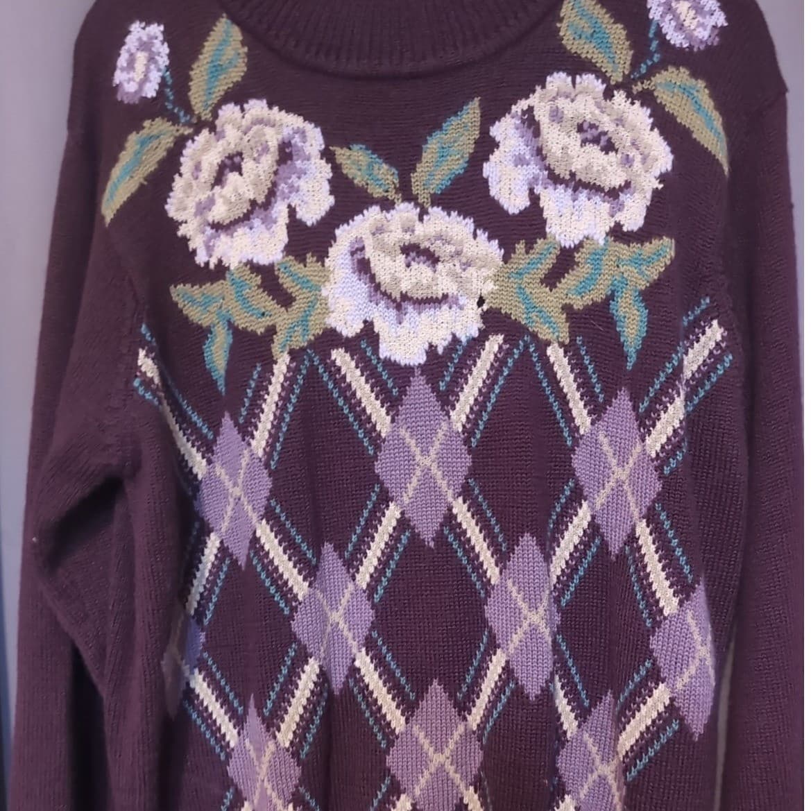Alfred Dunner Vintage Plum Purple Floral Argyle Wool Blend Sweater, Womens Large - Thumbnail 6