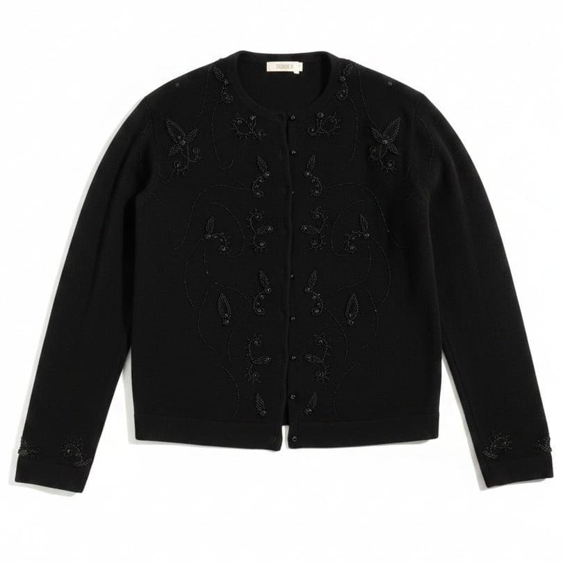 Carol Brent Vintage Beaded Lambswool Angora Cardigan Sweater Black Size 44