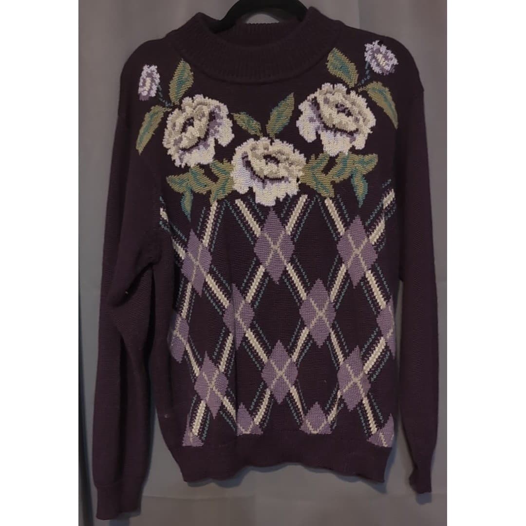 Alfred Dunner Vintage Plum Purple Floral Argyle Wool Blend Sweater, Womens Large - Thumbnail 3