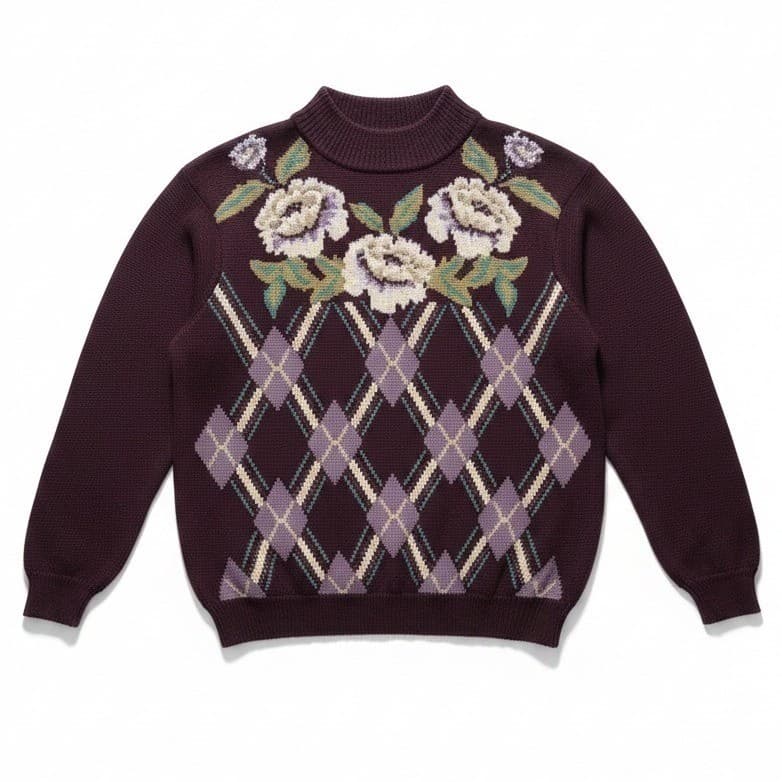 Alfred Dunner Vintage Plum Purple Floral Argyle Wool Blend Sweater, Womens Large