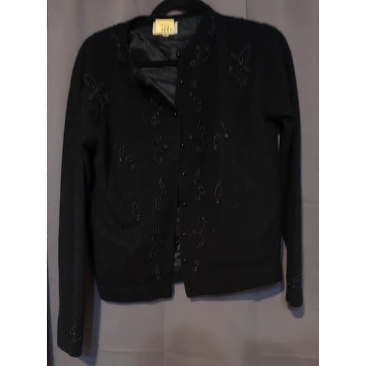 Carol Brent Vintage Beaded Lambswool Angora Cardigan Sweater Black Size 44 - Thumbnail 2