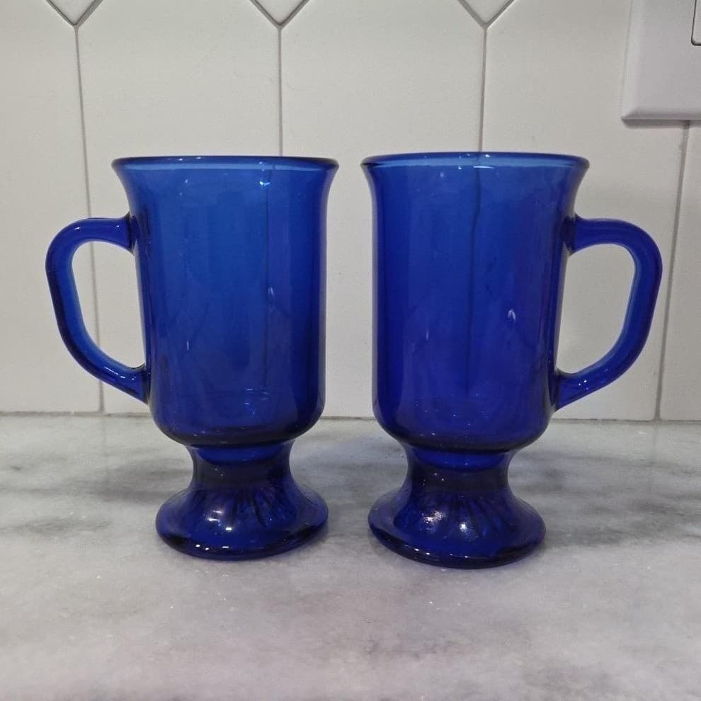 Anchor Hocking Cobalt Blue Irish Coffee Mugs, Set of 2, Vintage Pedestal Cups - Thumbnail 2