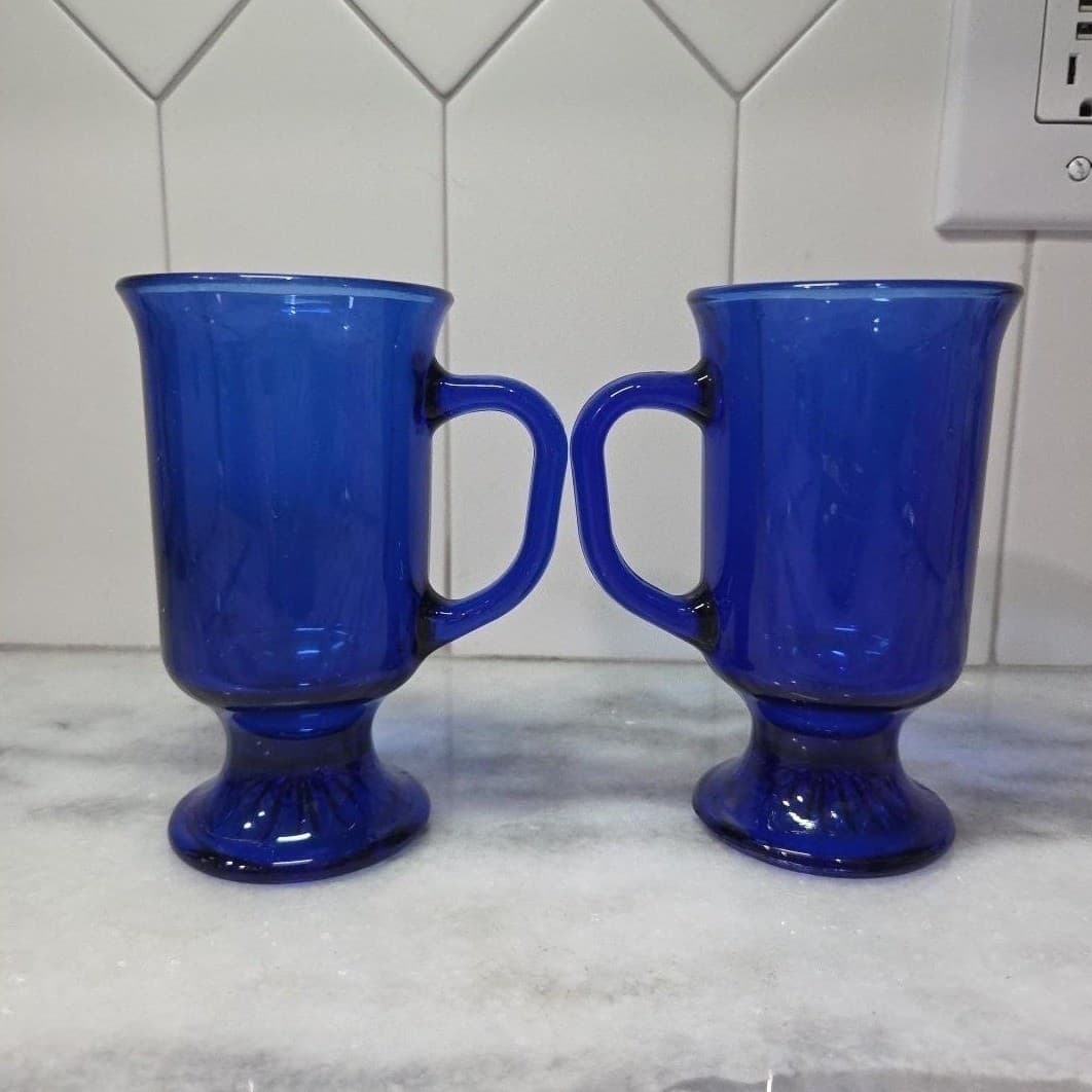 Anchor Hocking Cobalt Blue Irish Coffee Mugs, Set of 2, Vintage Pedestal Cups - Thumbnail 4