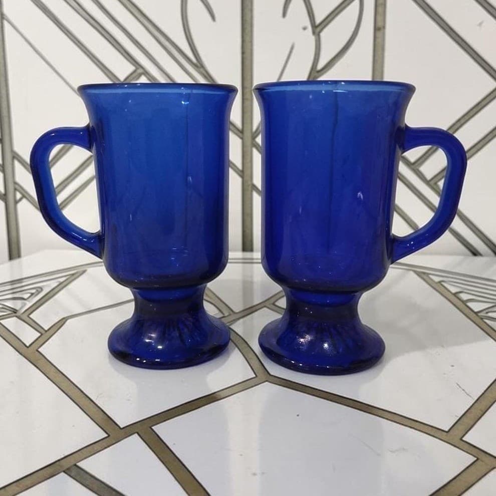 Anchor Hocking Cobalt Blue Irish Coffee Mugs, Set of 2, Vintage Pedestal Cups