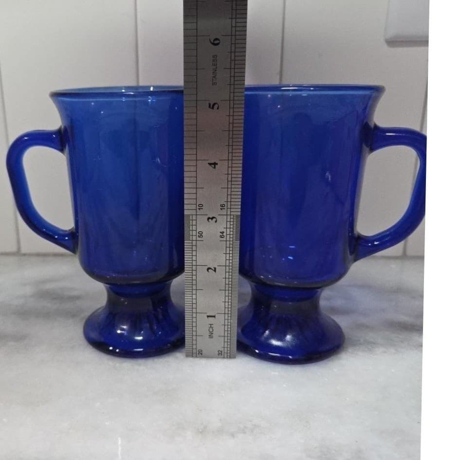 Anchor Hocking Cobalt Blue Irish Coffee Mugs, Set of 2, Vintage Pedestal Cups - Thumbnail 9