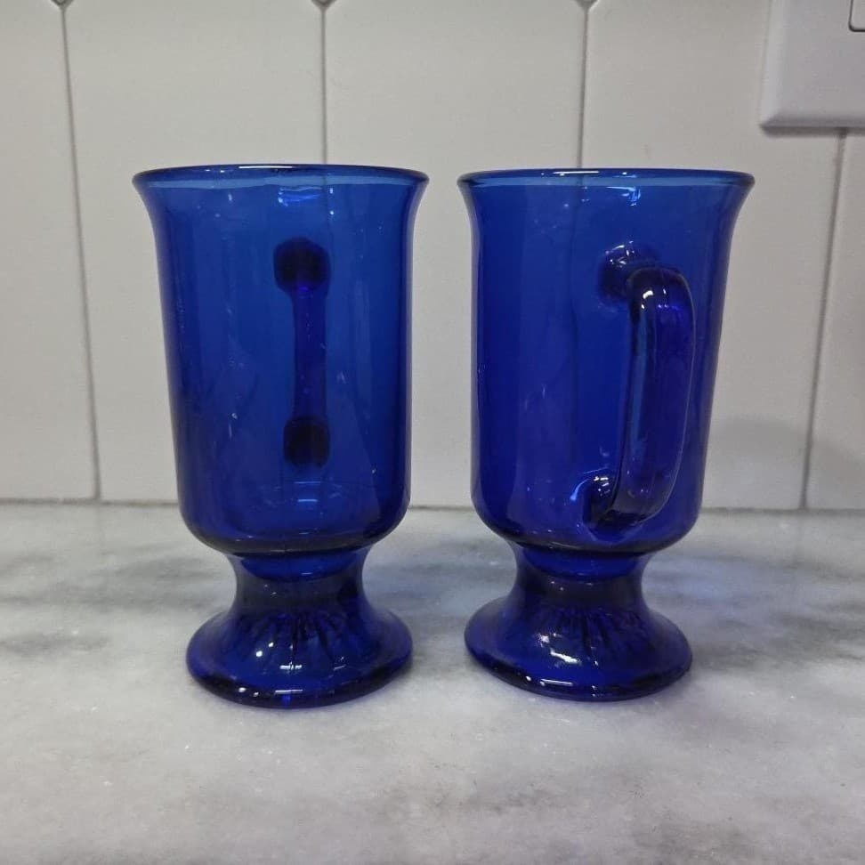 Anchor Hocking Cobalt Blue Irish Coffee Mugs, Set of 2, Vintage Pedestal Cups - Thumbnail 3