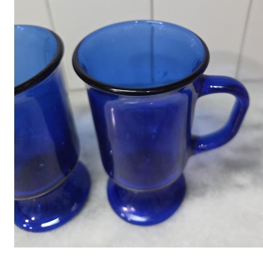 Anchor Hocking Cobalt Blue Irish Coffee Mugs, Set of 2, Vintage Pedestal Cups - Thumbnail 6