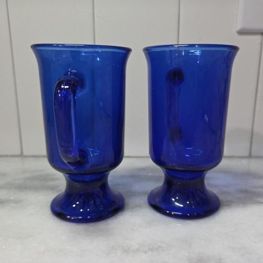 Anchor Hocking Cobalt Blue Irish Coffee Mugs, Set of 2, Vintage Pedestal Cups - Thumbnail 5
