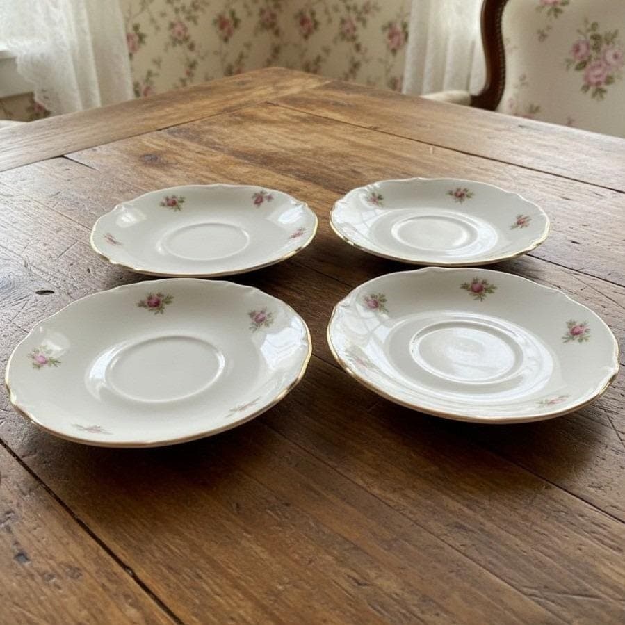 Bavaria Western Germany Elfenbein Rose Bud Saucers, Set of 4, Vintage Plates