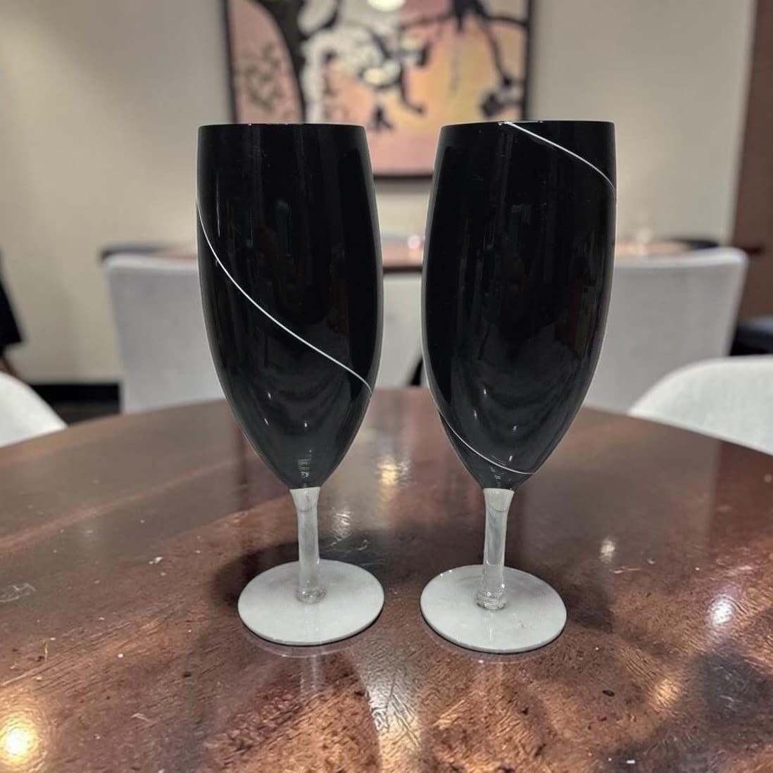 Hand Blown Black Wine Glasses, Set of 2, White Swirl Design Replacement Stemware