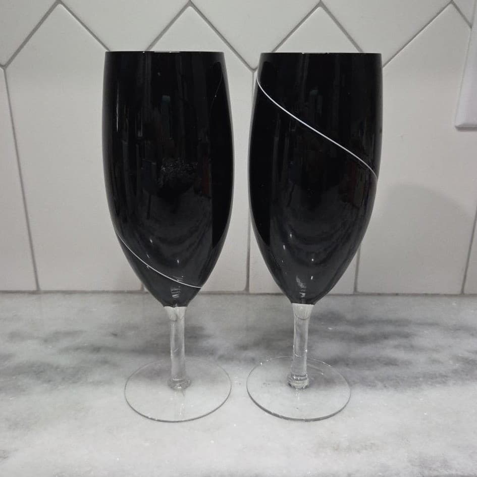 Hand Blown Black Wine Glasses, Set of 2, White Swirl Design Replacement Stemware - Thumbnail 3