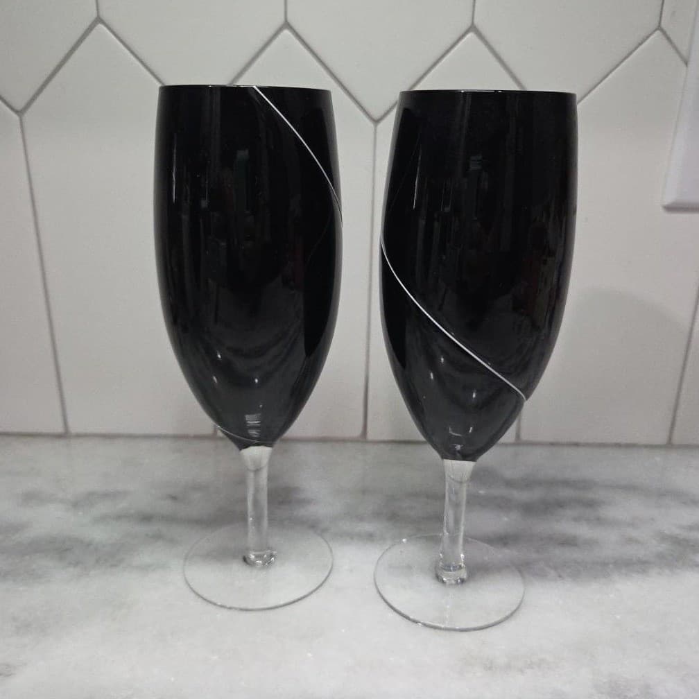 Hand Blown Black Wine Glasses, Set of 2, White Swirl Design Replacement Stemware - Thumbnail 4