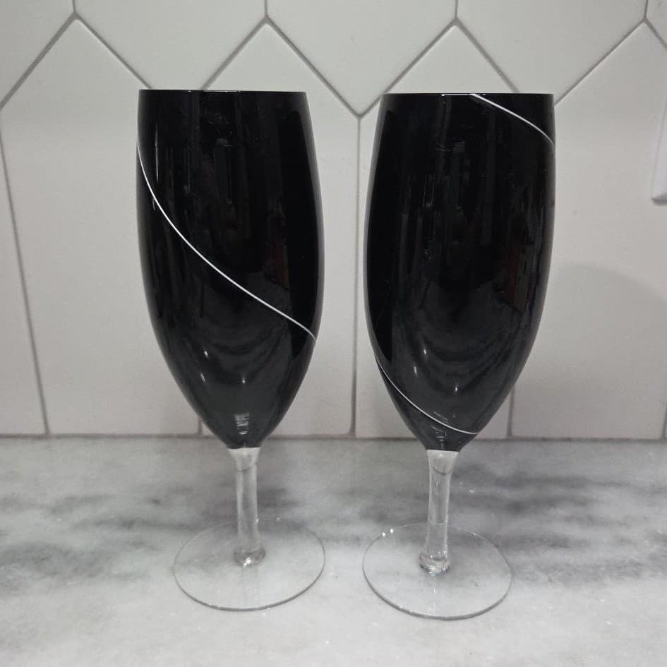 Hand Blown Black Wine Glasses, Set of 2, White Swirl Design Replacement Stemware - Thumbnail 5