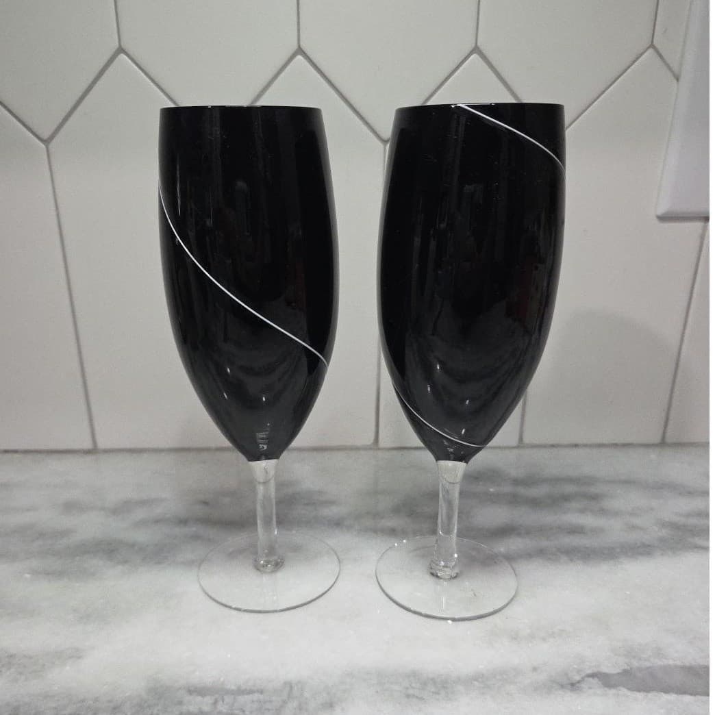 Hand Blown Black Wine Glasses, Set of 2, White Swirl Design Replacement Stemware - Thumbnail 2