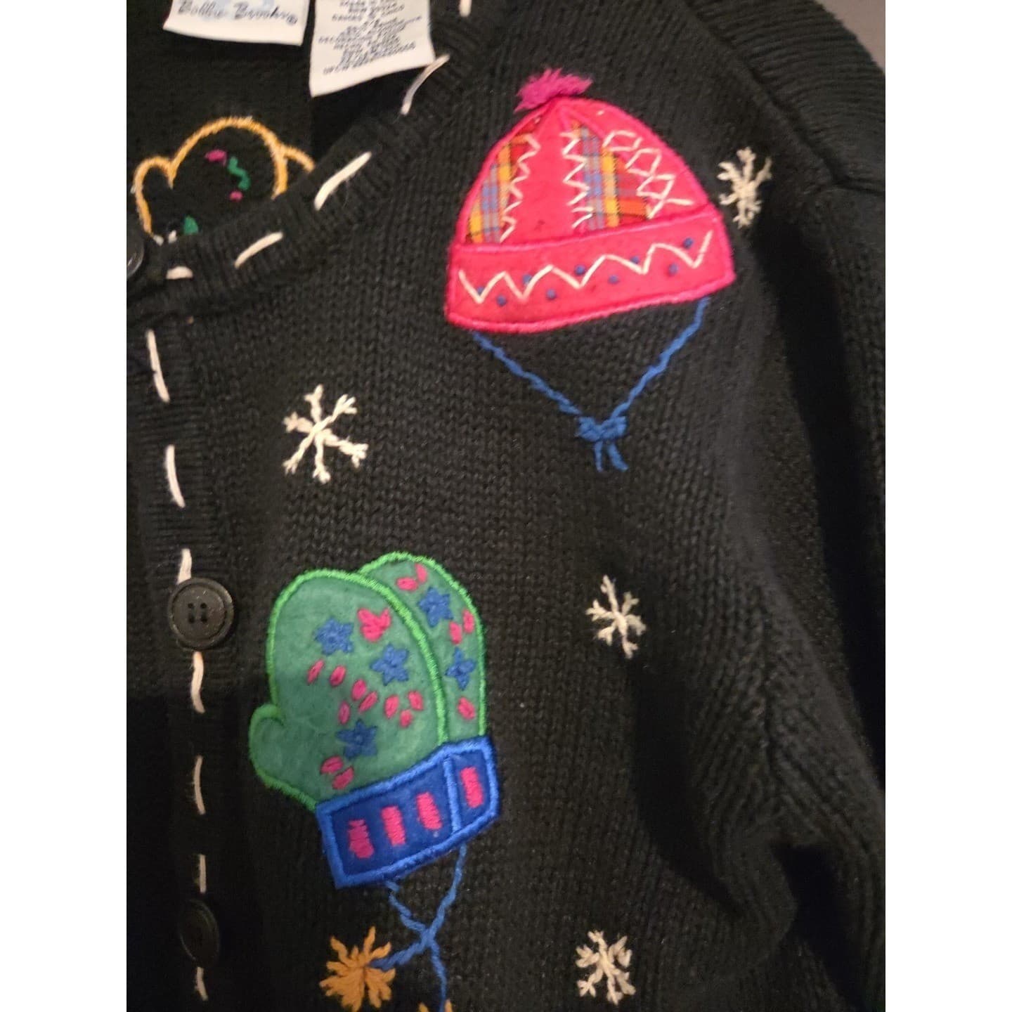 Bobbie Brooks Black Embroidered Winter Mitten Beanie, Women's Cardigan Sweater - Thumbnail 6