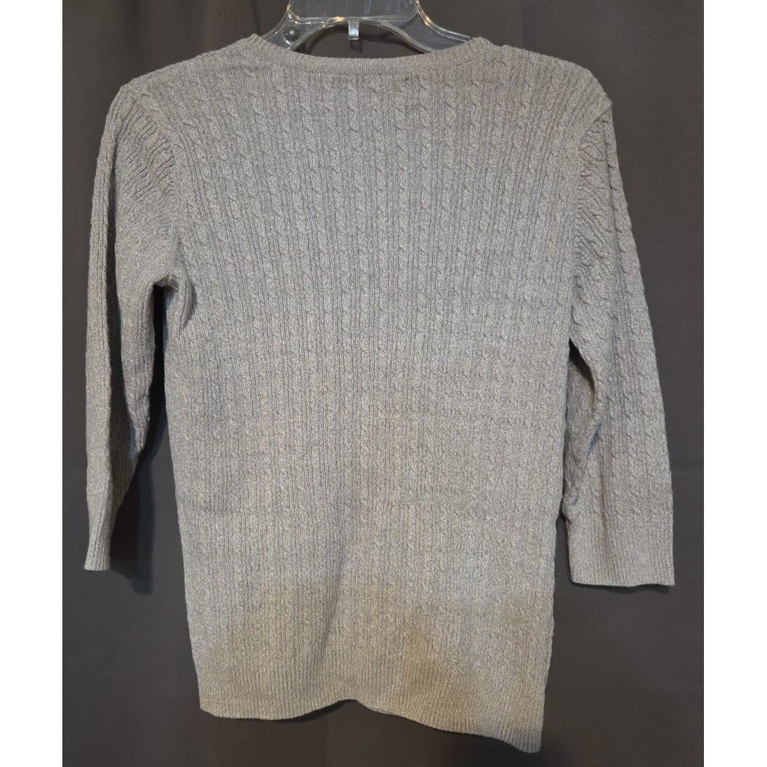 Karen Scott Heather Grey Cable Knit V-Neck, Women's Medium Sweater, 3/4 Sleeve - Thumbnail 4