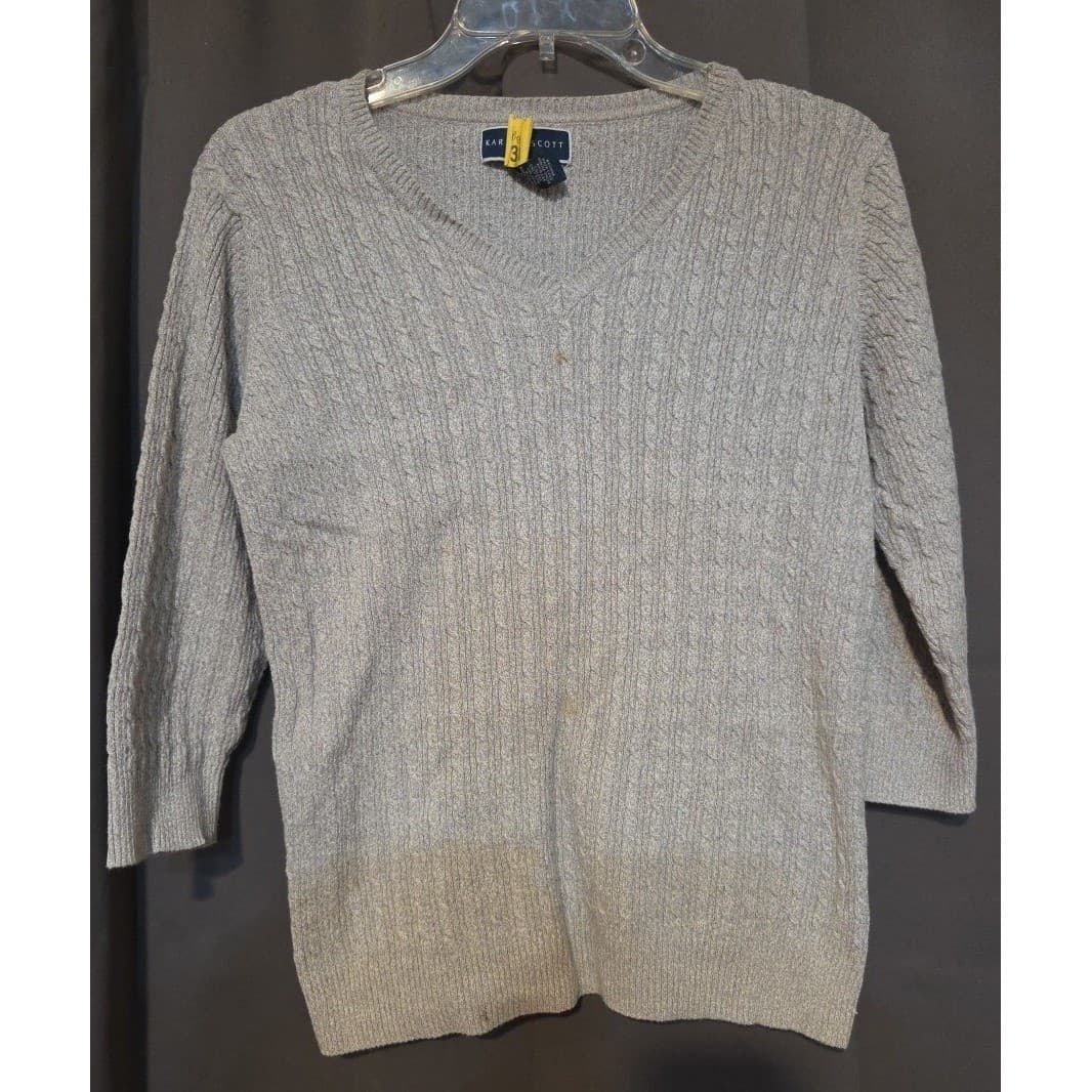 Karen Scott Heather Grey Cable Knit V-Neck, Women's Medium Sweater, 3/4 Sleeve - Thumbnail 3