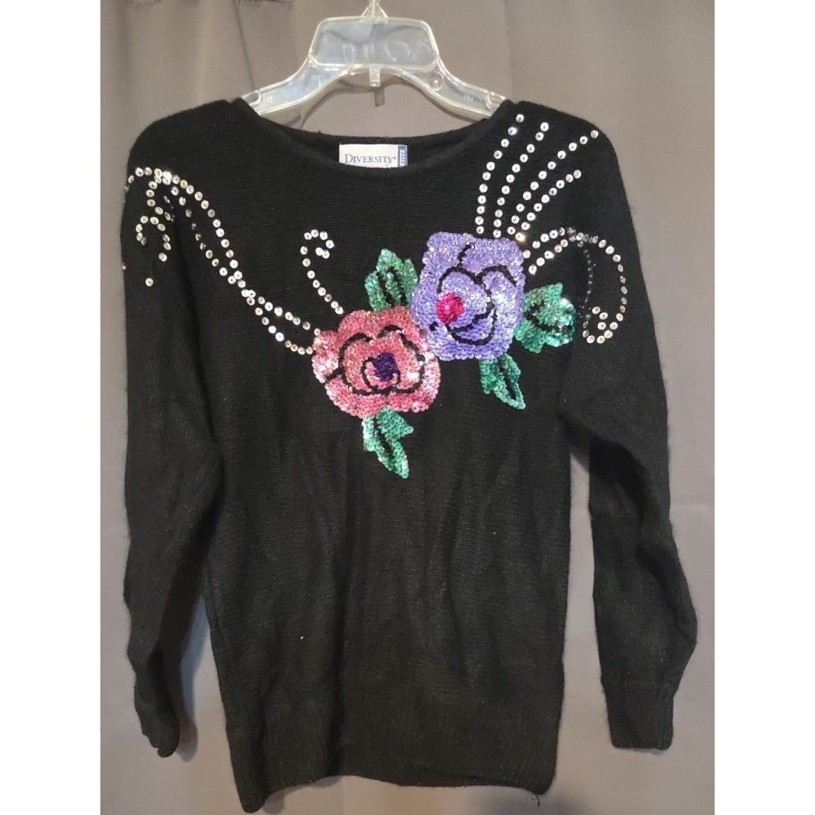 Diversity Vintage Black Sequin Floral Silk Angora Sweater, Women's Petite Small - Thumbnail 3