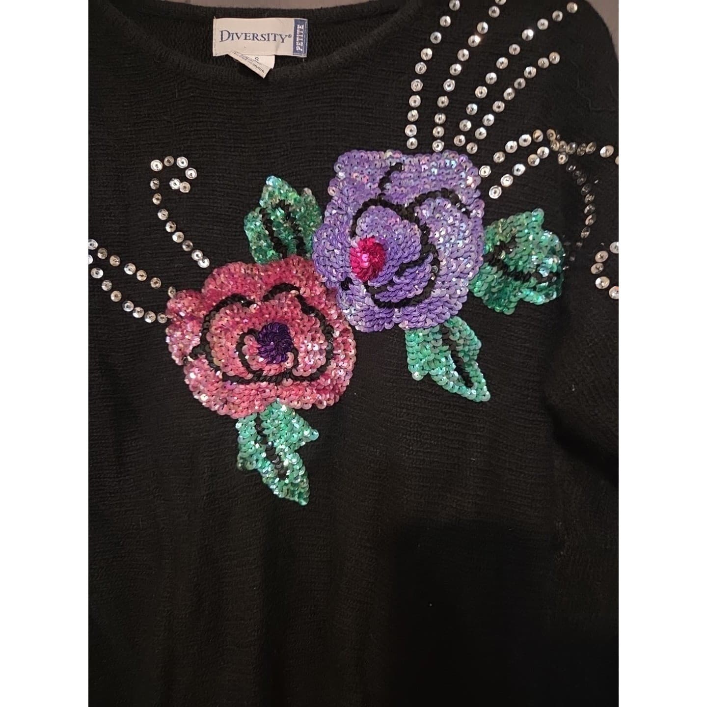 Diversity Vintage Black Sequin Floral Silk Angora Sweater, Women's Petite Small - Thumbnail 6