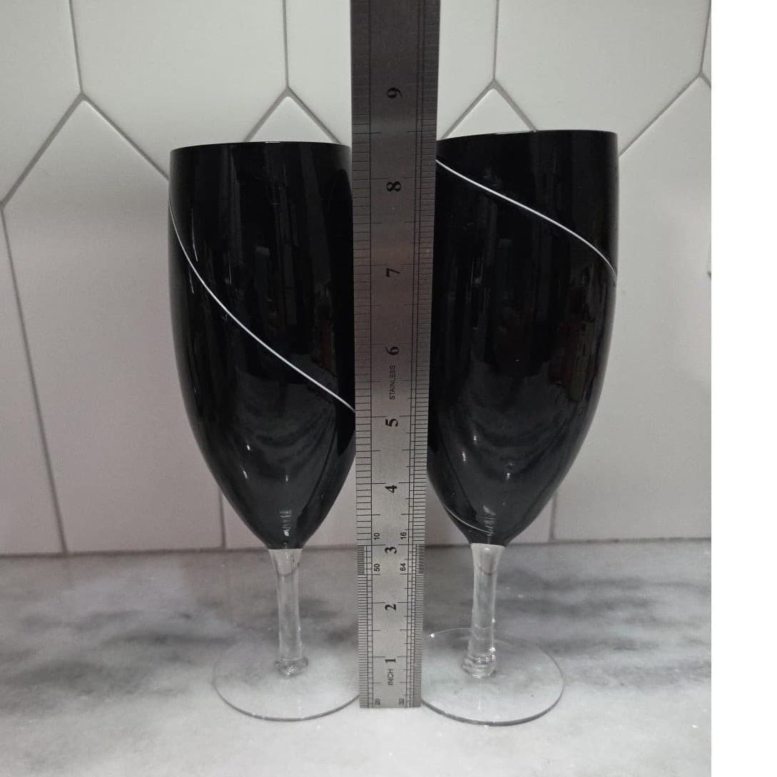 Hand Blown Black Wine Glasses, Set of 2, White Swirl Design Replacement Stemware - Thumbnail 9