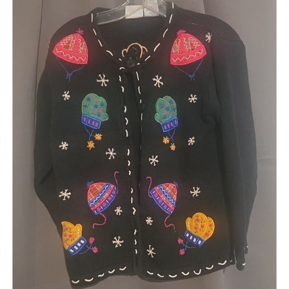 Bobbie Brooks Black Embroidered Winter Mitten Beanie, Women's Cardigan Sweater - Thumbnail 3
