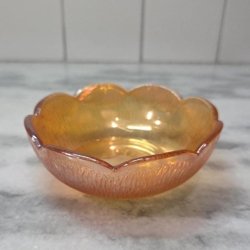 Jeanette Marigold Carnival Glass Berry Bowl, Iridescent Amber Trinket Dish - Thumbnail 3