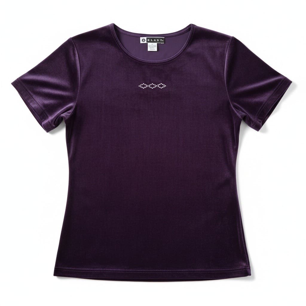 Blast Purple Velvet Short Sleeve T-Shirt, Women's Small, Rhinestone Graphic
