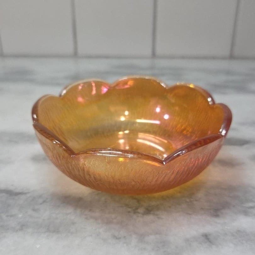 Jeanette Marigold Carnival Glass Berry Bowl, Iridescent Amber Trinket Dish - Thumbnail 5