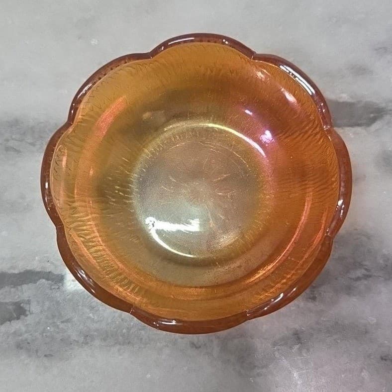 Jeanette Marigold Carnival Glass Berry Bowl, Iridescent Amber Trinket Dish - Thumbnail 6