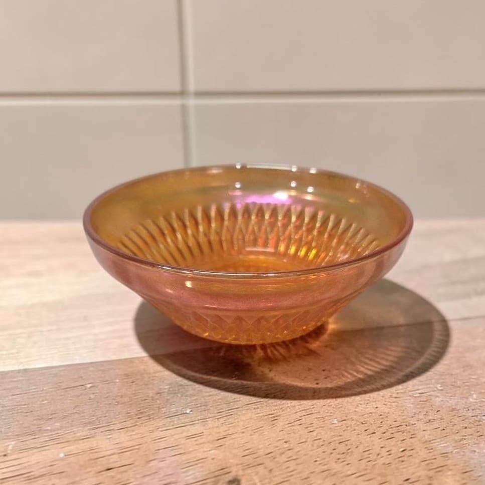 Iridescent Marigold Carnival Glass Berry Bowl, Starburst Design, Amber Dishware