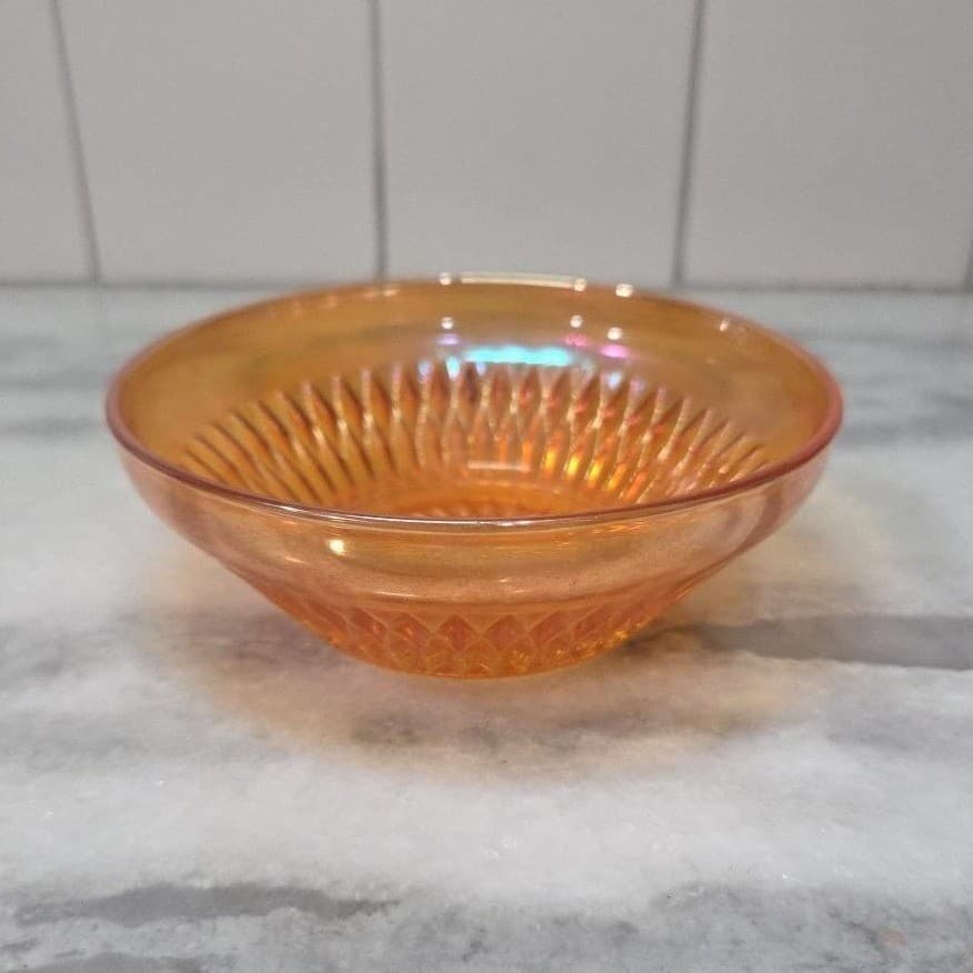 Iridescent Marigold Carnival Glass Berry Bowl, Starburst Design, Amber Dishware - Thumbnail 3