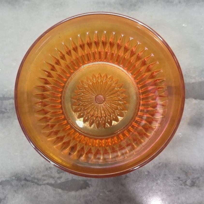 Iridescent Marigold Carnival Glass Berry Bowl, Starburst Design, Amber Dishware - Thumbnail 6