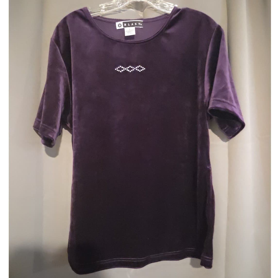 Blast Purple Velvet Short Sleeve T-Shirt, Women's Small, Rhinestone Graphic - Thumbnail 3