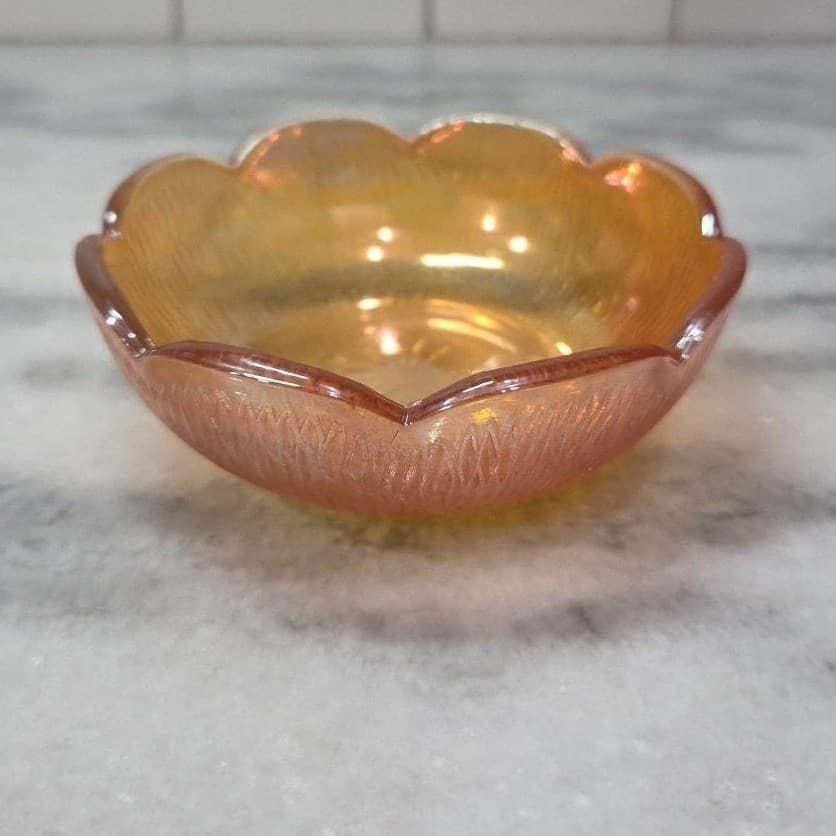 Jeanette Marigold Carnival Glass Berry Bowl, Iridescent Amber Trinket Dish - Thumbnail 2