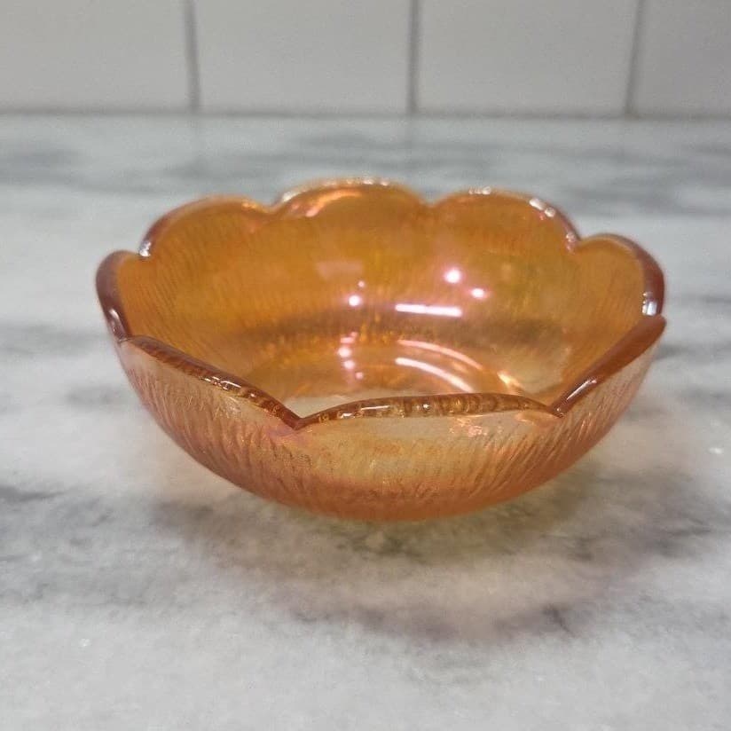 Jeanette Marigold Carnival Glass Berry Bowl, Iridescent Amber Trinket Dish - Thumbnail 4
