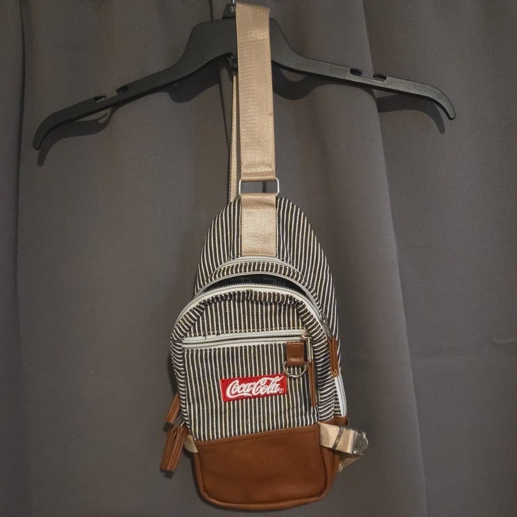 Coca-Cola Sling Bag Hickory Stripe Canvas Brown Faux Leather Crossbody Backpack - Thumbnail 2