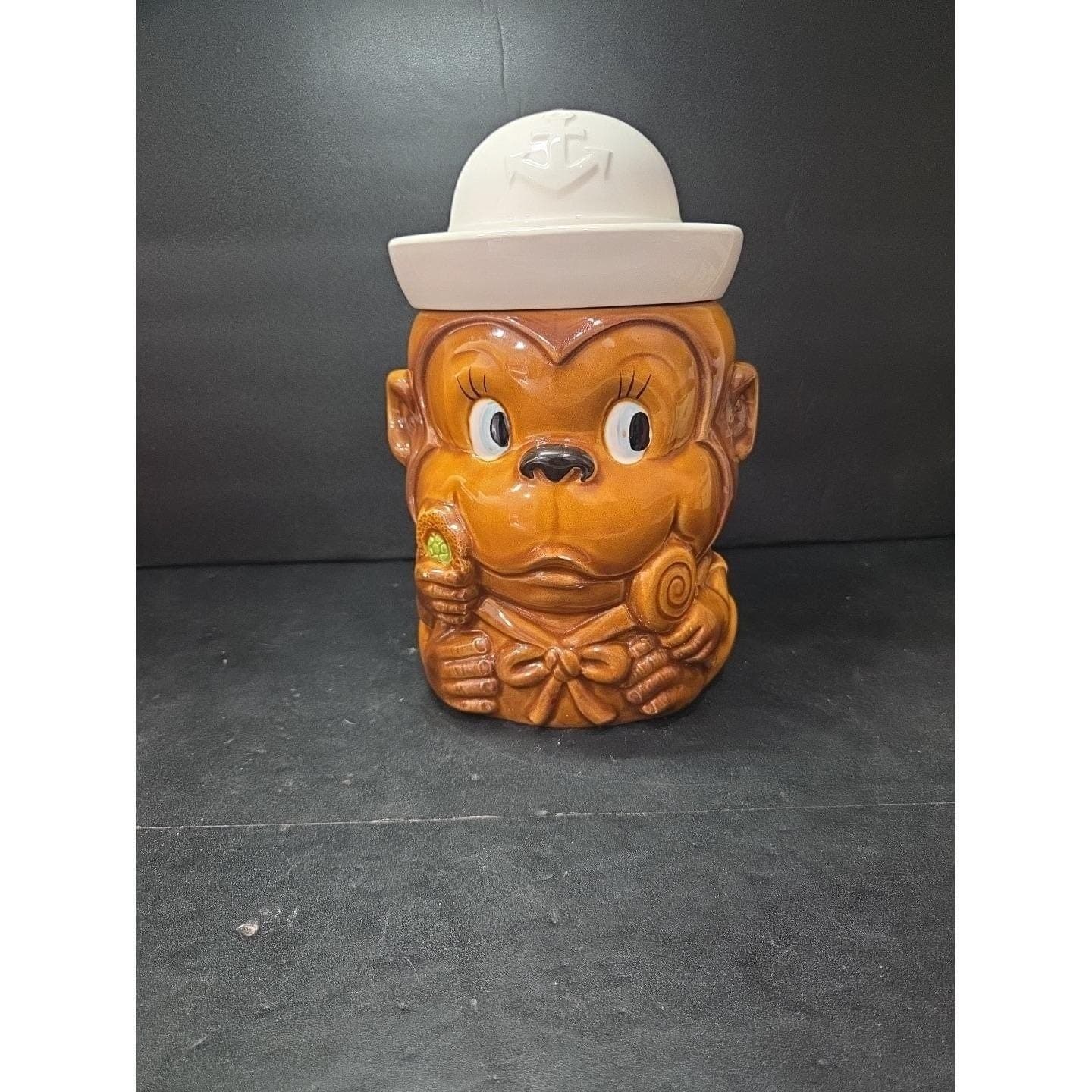 Monkey Sailor Cookie Jar, Brown Ceramic Canister, White Hat Lid, Kitchen Decor