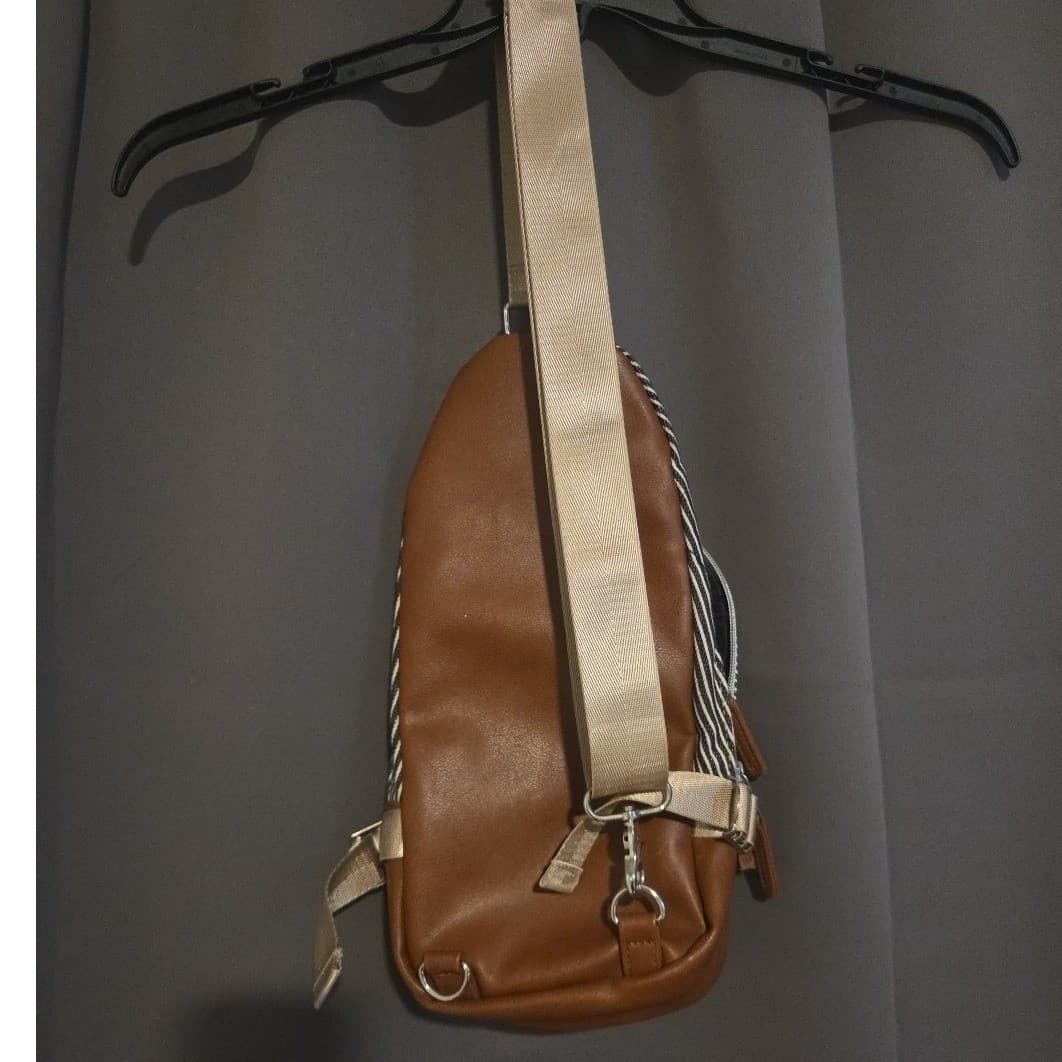 Coca-Cola Sling Bag Hickory Stripe Canvas Brown Faux Leather Crossbody Backpack - Thumbnail 3