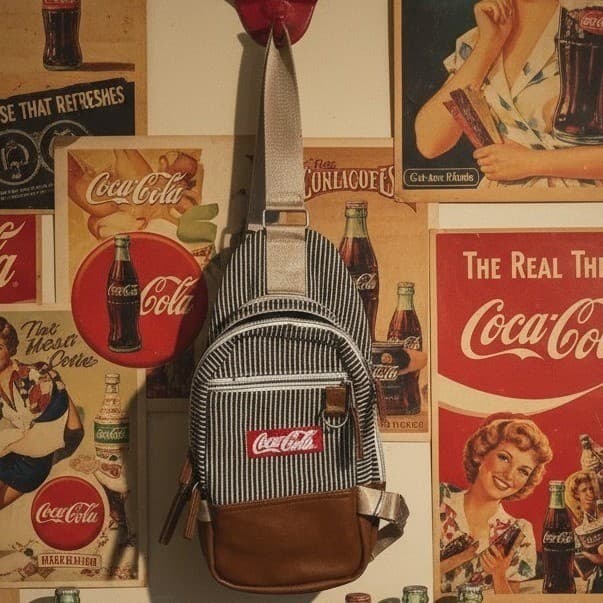 Coca-Cola Sling Bag Hickory Stripe Canvas Brown Faux Leather Crossbody Backpack