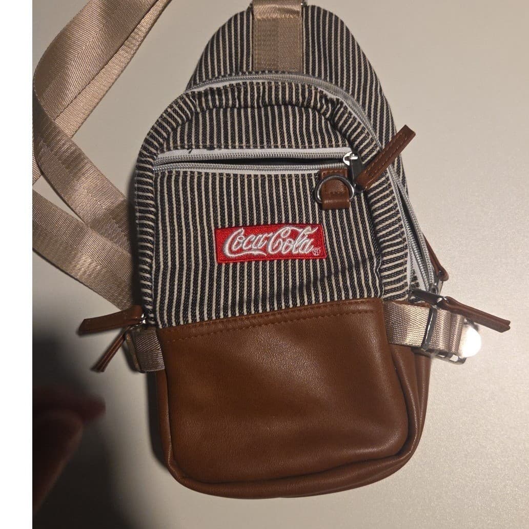 Coca-Cola Sling Bag Hickory Stripe Canvas Brown Faux Leather Crossbody Backpack - Thumbnail 7