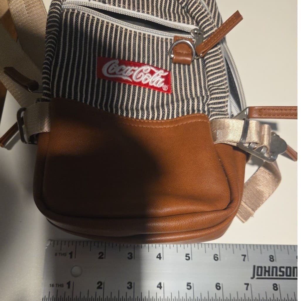 Coca-Cola Sling Bag Hickory Stripe Canvas Brown Faux Leather Crossbody Backpack - Thumbnail 10