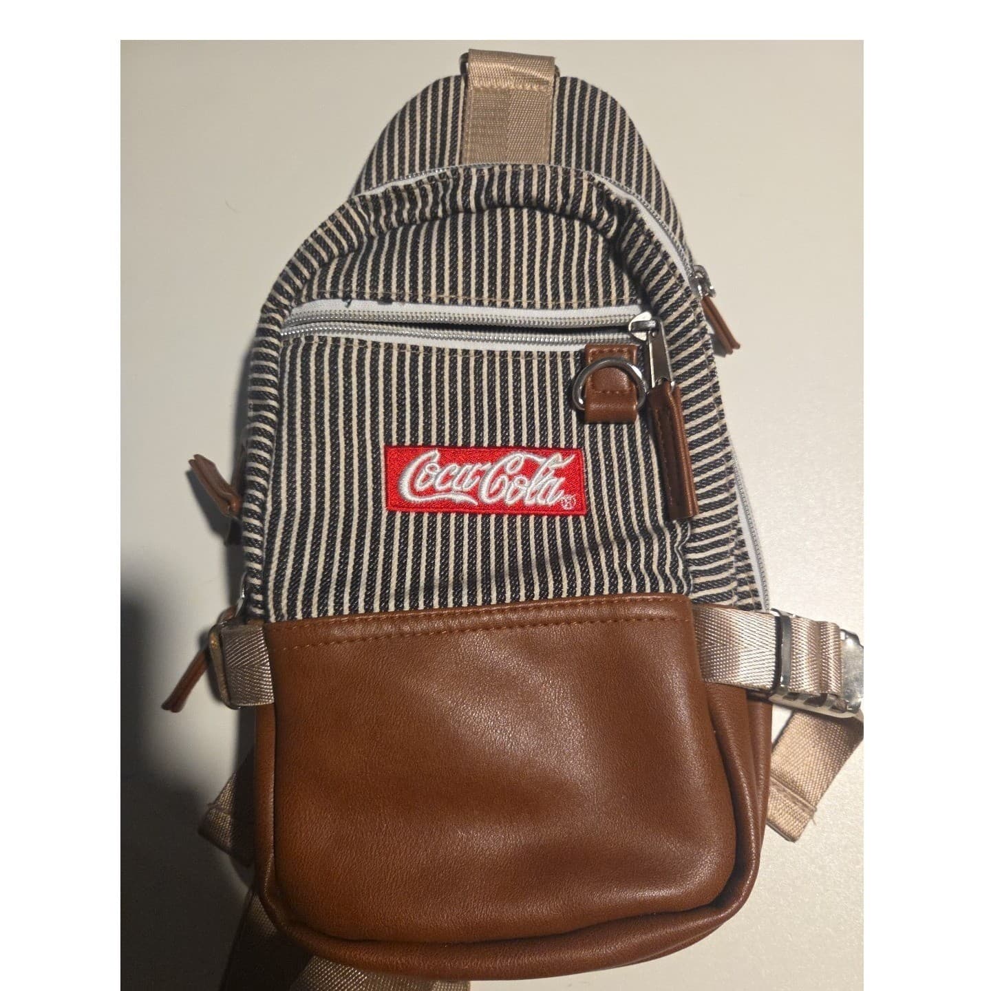 Coca-Cola Sling Bag Hickory Stripe Canvas Brown Faux Leather Crossbody Backpack - Thumbnail 4