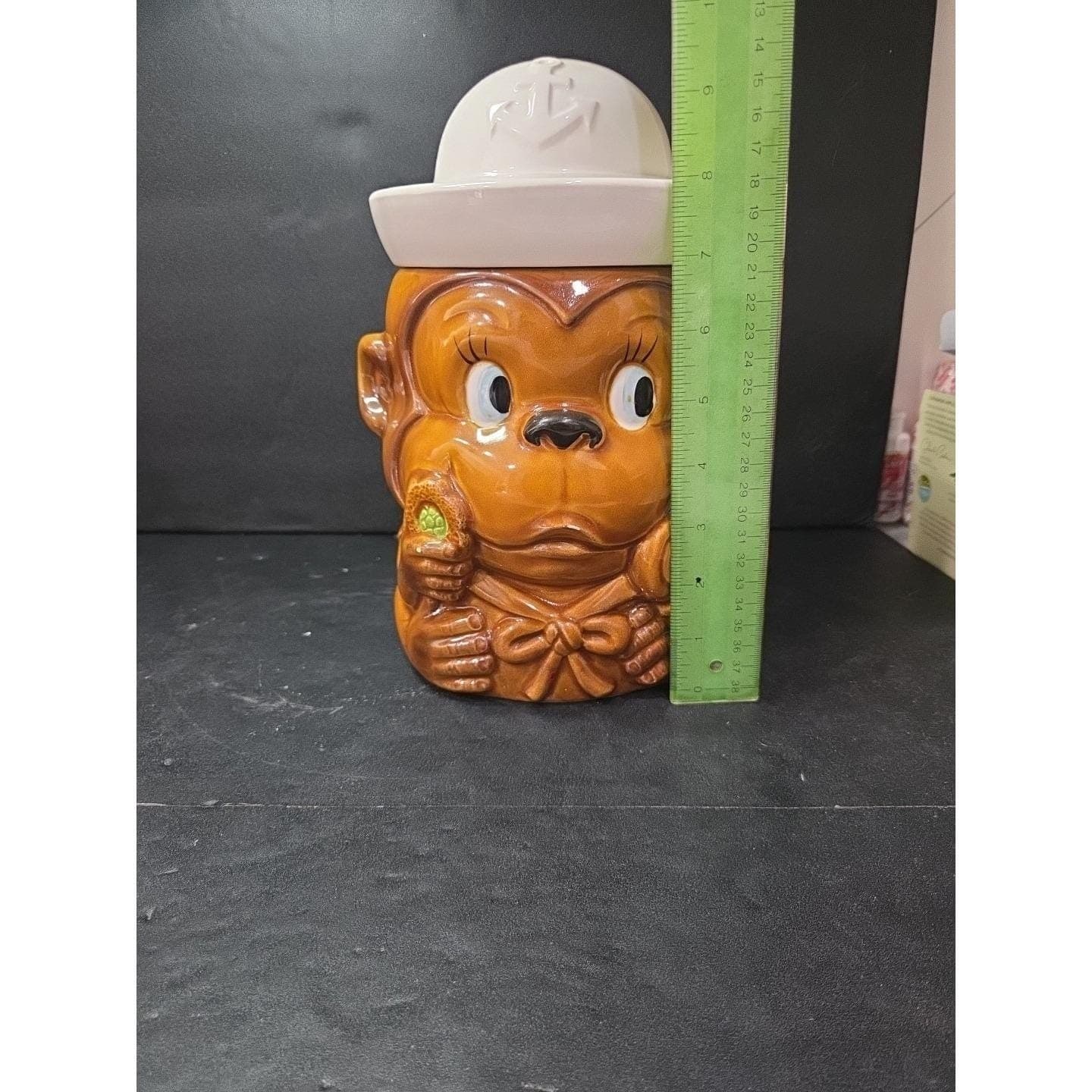 Monkey Sailor Cookie Jar, Brown Ceramic Canister, White Hat Lid, Kitchen Decor - Thumbnail 9