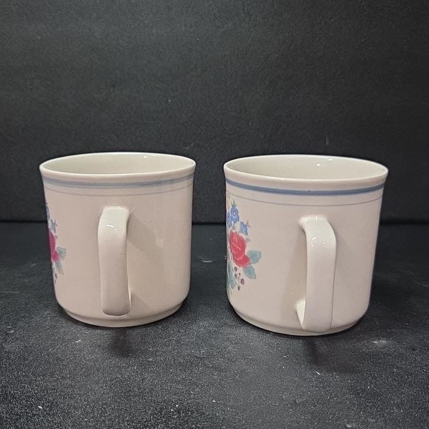 Gibson Style Stoneware Coffee Cups, Purple Blue Rose Design Mugs, Set of 2, Vtg - Thumbnail 3