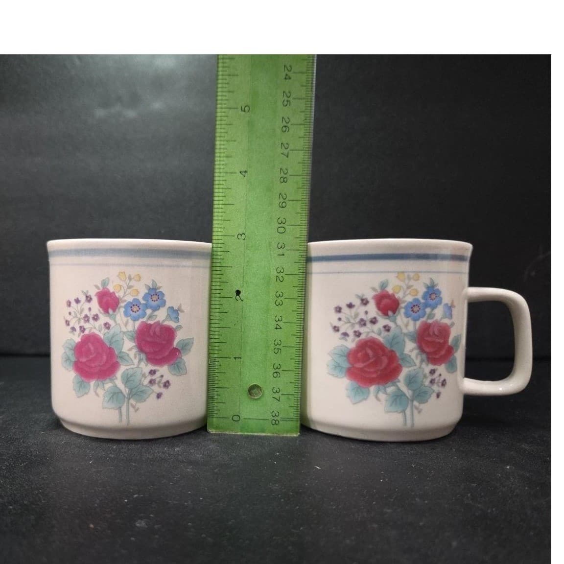 Gibson Style Stoneware Coffee Cups, Purple Blue Rose Design Mugs, Set of 2, Vtg - Thumbnail 9