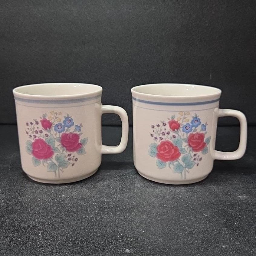 Gibson Style Stoneware Coffee Cups, Purple Blue Rose Design Mugs, Set of 2, Vtg - Thumbnail 2