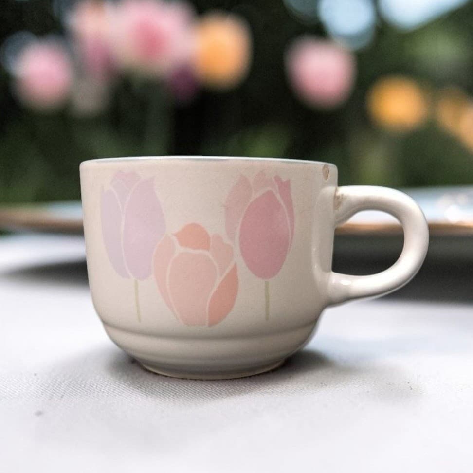International China Spring Up Tulips Mug, Stoneware Coffee Cup, Vtg Soup Bowl