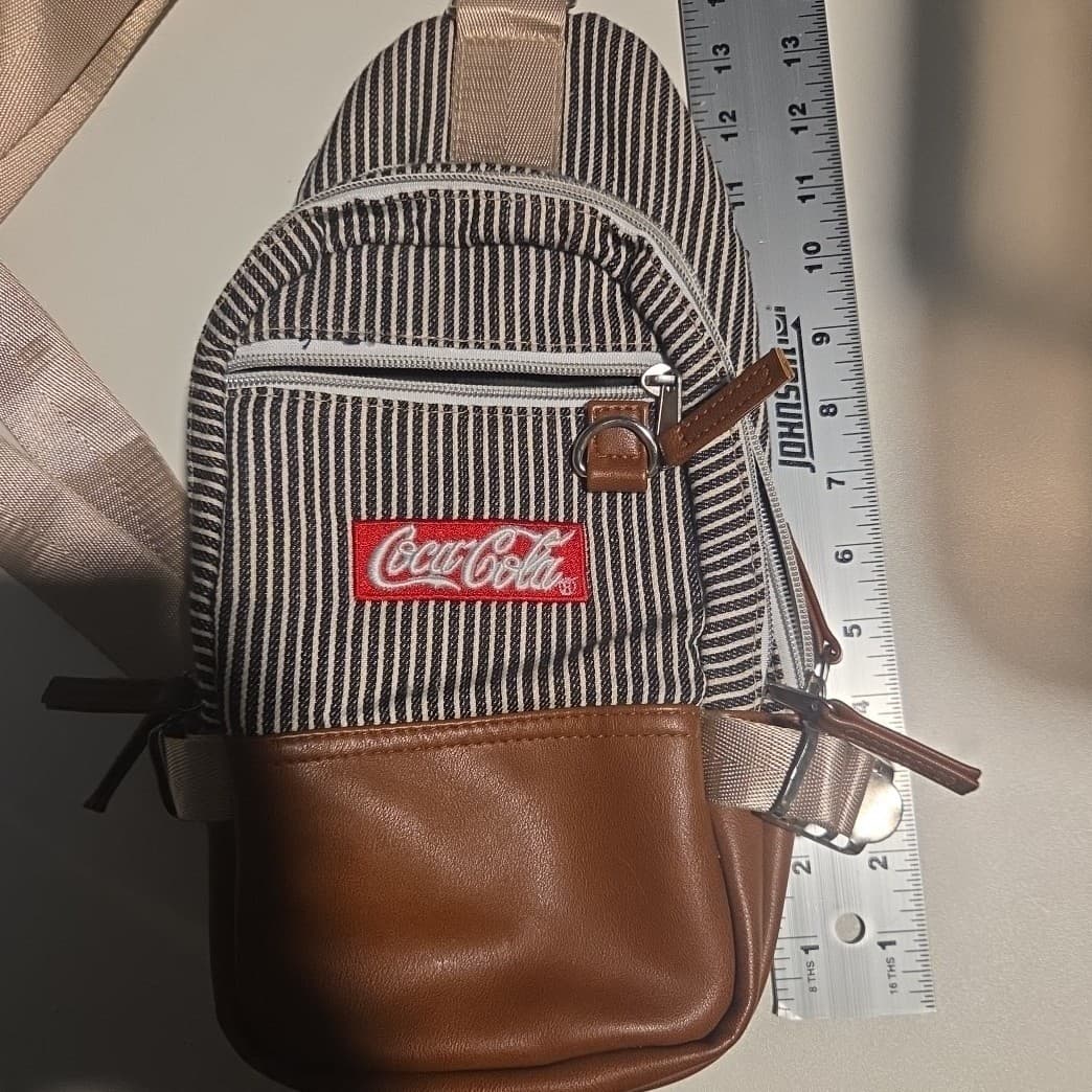 Coca-Cola Sling Bag Hickory Stripe Canvas Brown Faux Leather Crossbody Backpack - Thumbnail 9